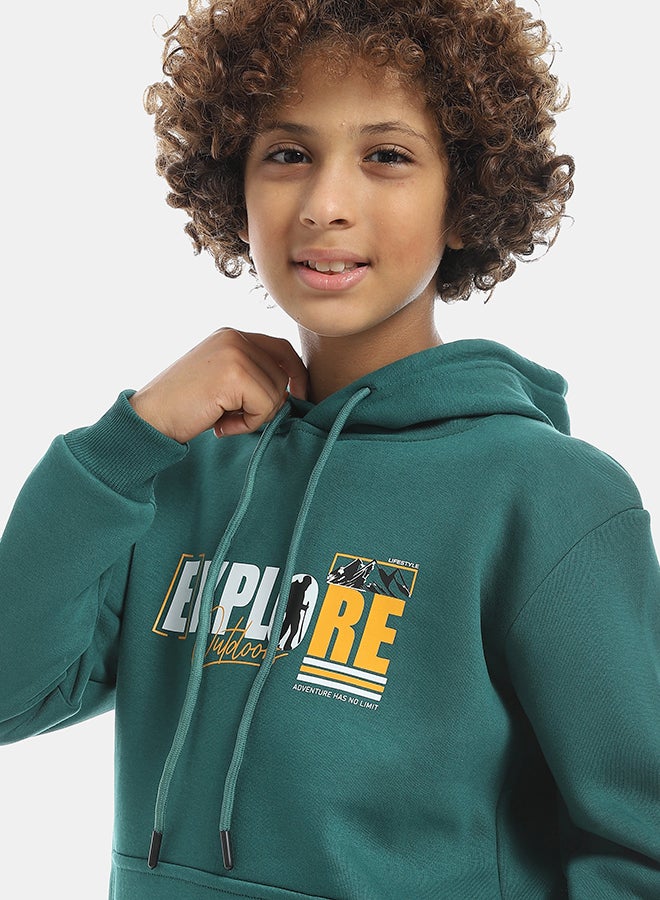 Andora Printed Long Sleeves Hooded With Drawstrings Hoodie - Dark Green - Image 4