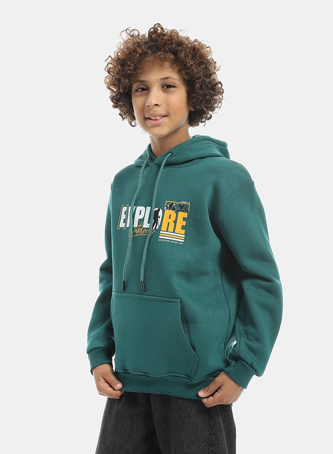 Andora Printed Long Sleeves Hooded With Drawstrings Hoodie - Dark Green - Image 2