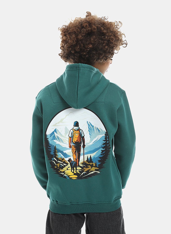 Andora Printed Long Sleeves Hooded With Drawstrings Hoodie - Dark Green - Image 3