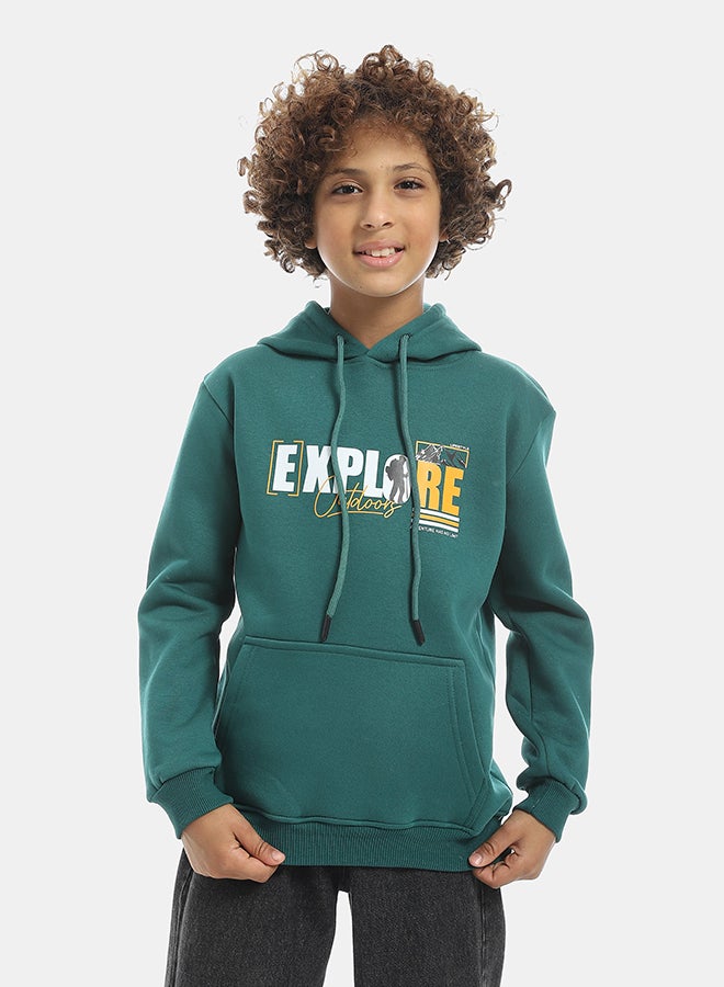 Andora Printed Long Sleeves Hooded With Drawstrings Hoodie - Dark Green - Image 1