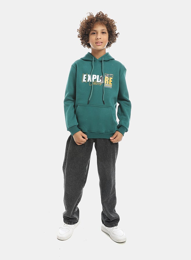 Andora Printed Long Sleeves Hooded With Drawstrings Hoodie - Dark Green - Image 5