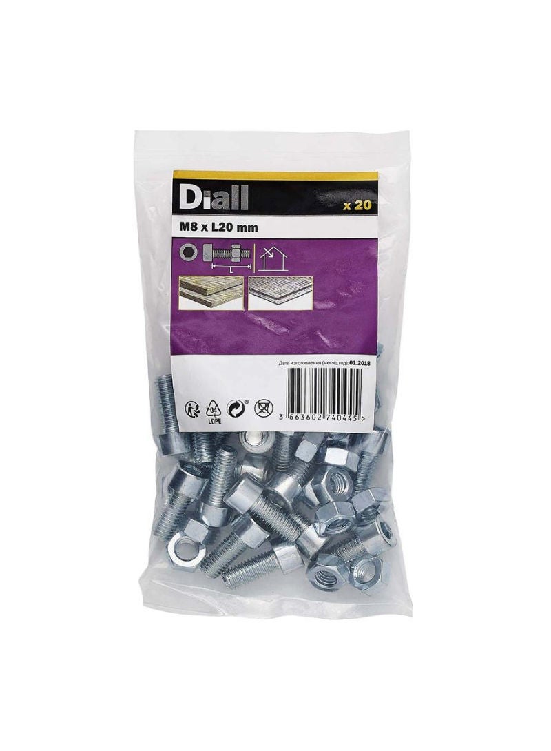 ACE Diall M8 Cylindrical Carbon Steel Set Screw And Nut 20mm 20Pcs