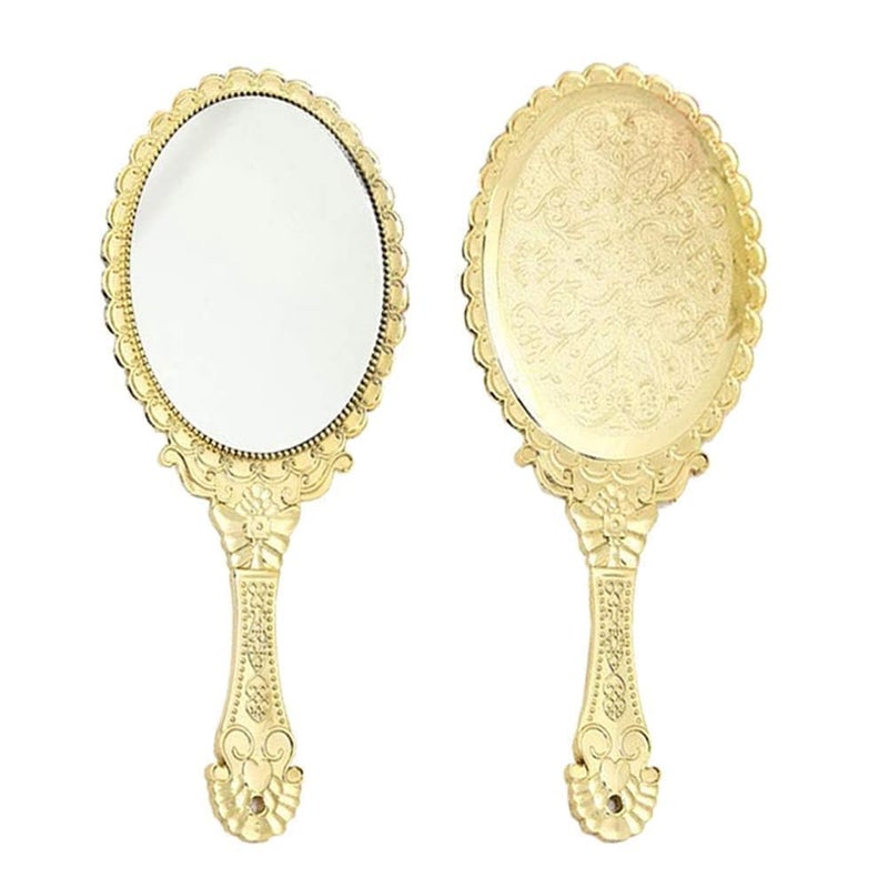 مرآة يدوية، مرآة يدوية بمقبض، مرايا مضغوطة صغيرة الحجم للسفر، مرايا مكياج مزخرفة عتيقة للنساء والفتيات (ذهبية) - Image 1