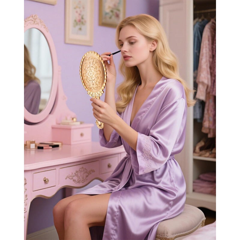 مرآة يدوية، مرآة يدوية بمقبض، مرايا مضغوطة صغيرة الحجم للسفر، مرايا مكياج مزخرفة عتيقة للنساء والفتيات (ذهبية) - Image 5