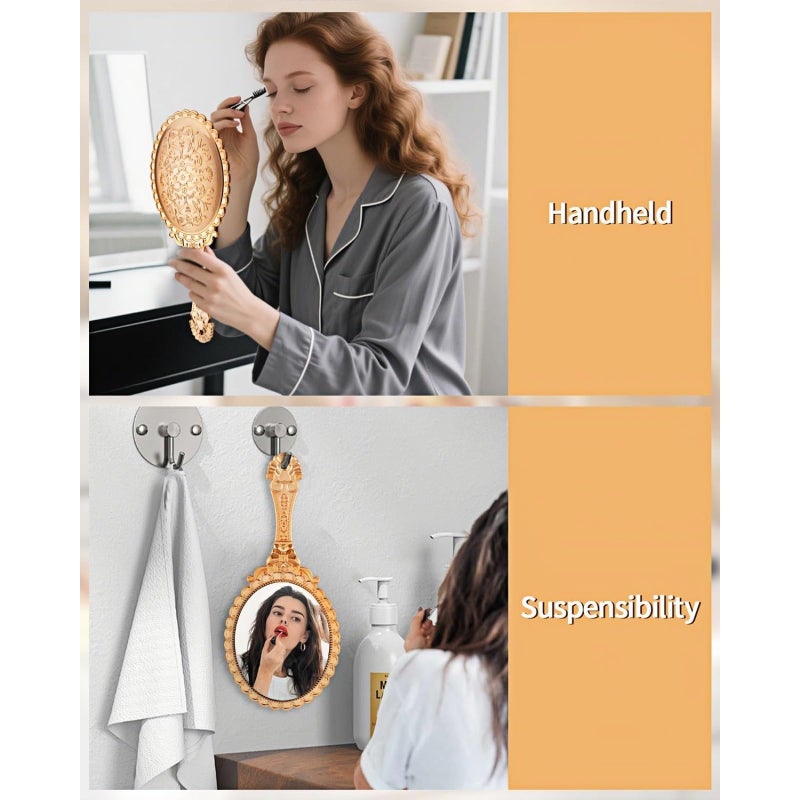 مرآة يدوية، مرآة يدوية بمقبض، مرايا مضغوطة صغيرة الحجم للسفر، مرايا مكياج مزخرفة عتيقة للنساء والفتيات (ذهبية) - Image 2