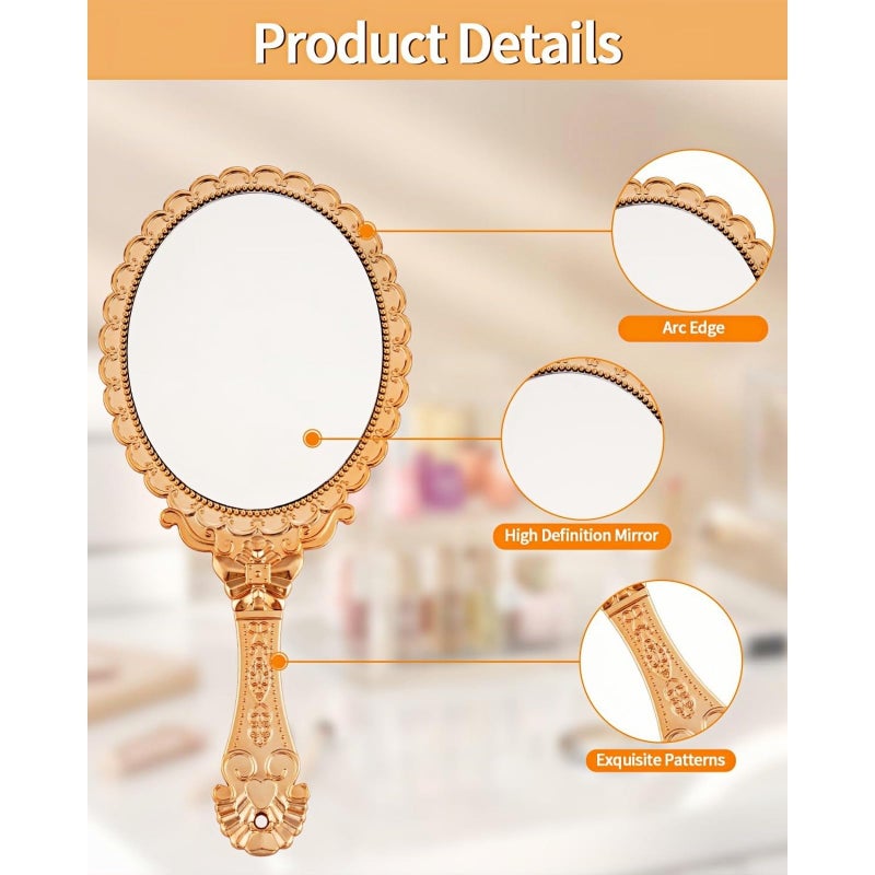 مرآة يدوية، مرآة يدوية بمقبض، مرايا مضغوطة صغيرة الحجم للسفر، مرايا مكياج مزخرفة عتيقة للنساء والفتيات (ذهبية) - Image 3