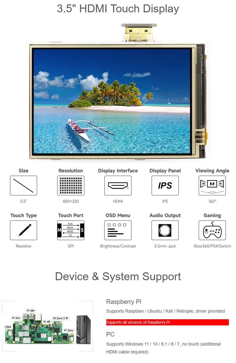 Waveshare 3.5inch Resistive Touch Screen LCD, Compatible with Raspberry Pi 5/4B/3B/Zero/Zero W/Zero 2W/Pico/Pico W/Pico WH, 480Ã—320, HDMI, IPS, Supports Windows 11/10 / 8.1/8 / 7 - Image 3