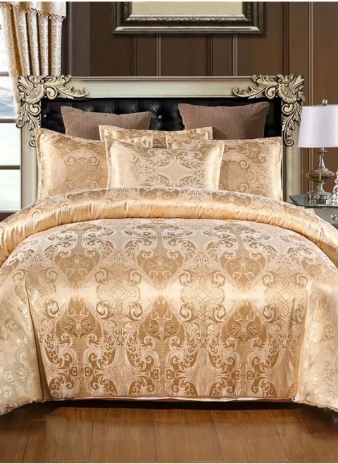 Satin Jacquard King size 6 piece duvet cover set, golden bohemia style bedding set.