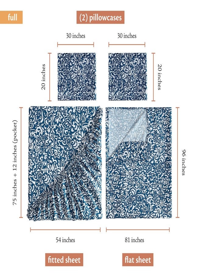 Indigo Ink إنديجو إنك - طقم ملاءات كامل الحجم، 4 قطع بنمط دمشقي زهري بوهيمي، ناعم ومقاوم للتجاعيد (مجموعة ميدالية معقودة، أزرق داكن) - Image 4