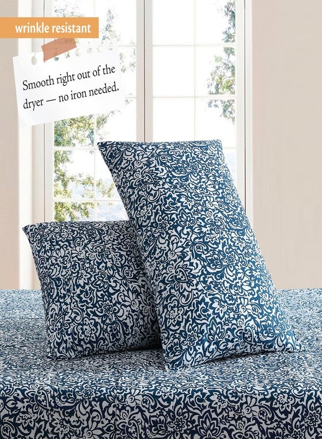 Indigo Ink إنديجو إنك - طقم ملاءات كامل الحجم، 4 قطع بنمط دمشقي زهري بوهيمي، ناعم ومقاوم للتجاعيد (مجموعة ميدالية معقودة، أزرق داكن) - Image 2