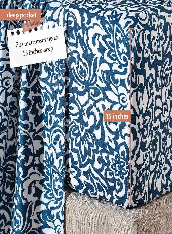 Indigo Ink إنديجو إنك - طقم ملاءات كامل الحجم، 4 قطع بنمط دمشقي زهري بوهيمي، ناعم ومقاوم للتجاعيد (مجموعة ميدالية معقودة، أزرق داكن) - Image 5