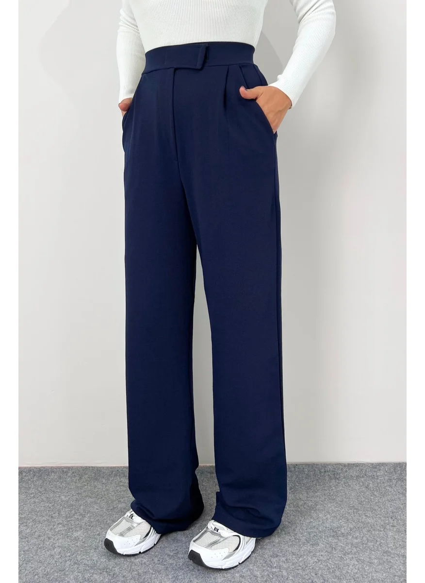 Ritnice Line Women's Lycra Velcro Closure Navy Blue Palazzo Trousers