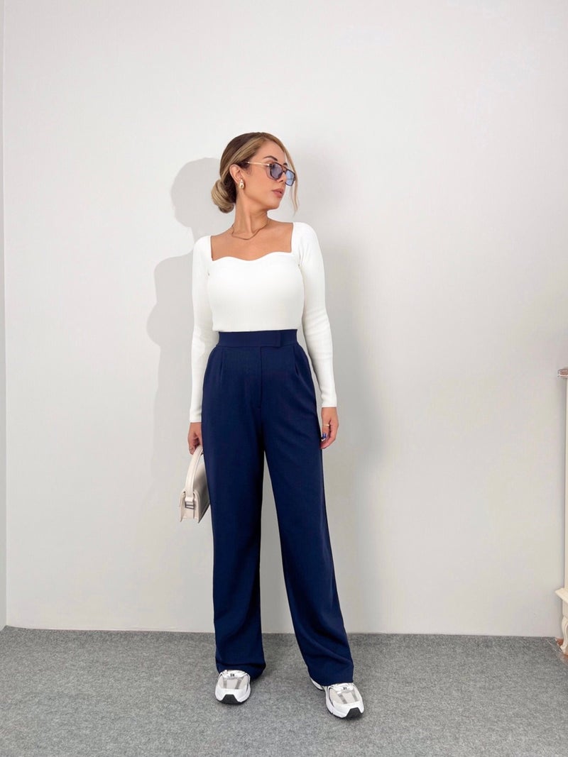Ritnice بنطلون Palazzo نسائي من Ritnice Line بإغلاق فيلكرو من الليكرا باللون الأزرق الداكن  - Image 3