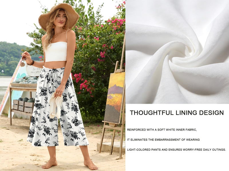 POPYOUNG Plus Size Womens Capri Pant Dressy Casual Wide Leg Palazzo Pants Flowy Gaucho Pants Drawstring Trousers with Pockets XL, Black Flower White - Image 4