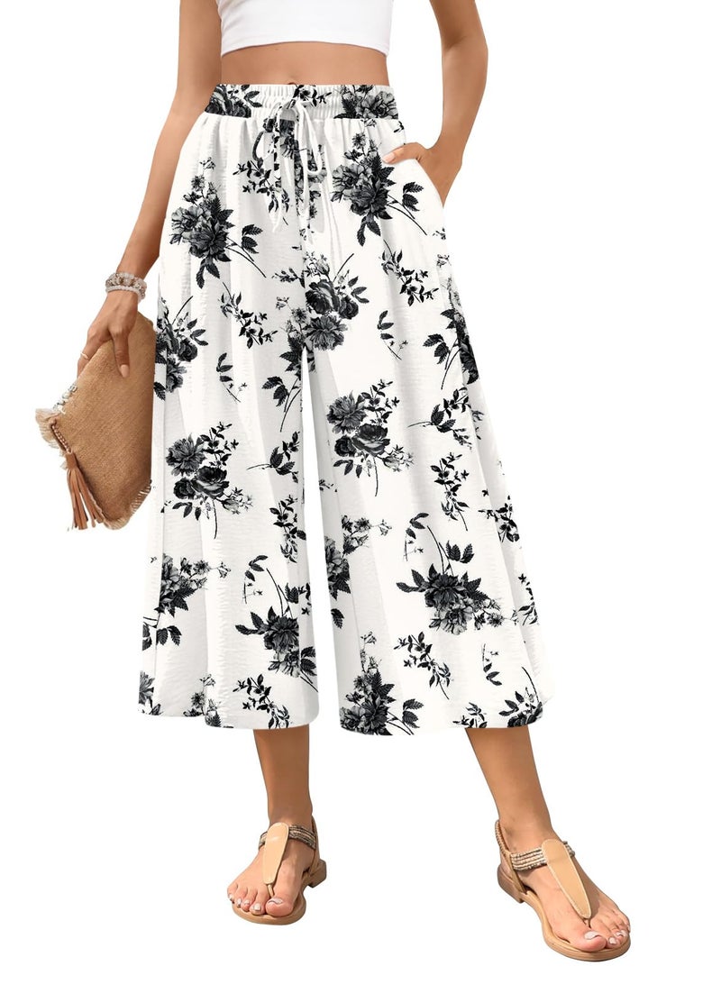 POPYOUNG Plus Size Womens Capri Pant Dressy Casual Wide Leg Palazzo Pants Flowy Gaucho Pants Drawstring Trousers with Pockets XL, Black Flower White - Image 1