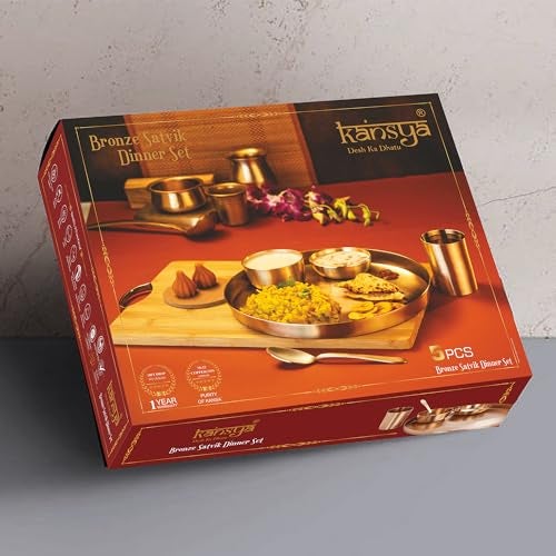 KANSYA Satvik Bronze Dinner Set of 5-11" Thali, 1 Bowl,1 Glass,1 Sweet Dish Plate,1 Spoon Elegant, Durable, Traditional Bronze Dinnerware Set Gold Improve Taste, Digestive System & Health - Image 3