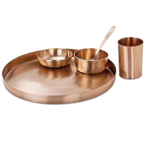 KANSYA Satvik Bronze Dinner Set of 5-11" Thali, 1 Bowl,1 Glass,1 Sweet Dish Plate,1 Spoon Elegant, Durable, Traditional Bronze Dinnerware Set Gold Improve Taste, Digestive System & Health - Image 1