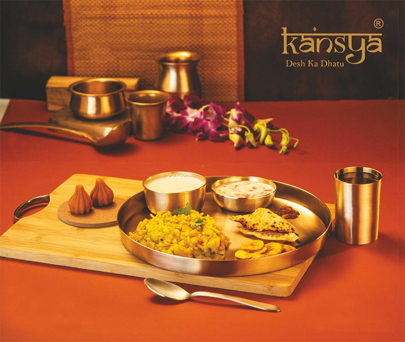 KANSYA Satvik Bronze Dinner Set of 5-11" Thali, 1 Bowl,1 Glass,1 Sweet Dish Plate,1 Spoon Elegant, Durable, Traditional Bronze Dinnerware Set Gold Improve Taste, Digestive System & Health - Image 2
