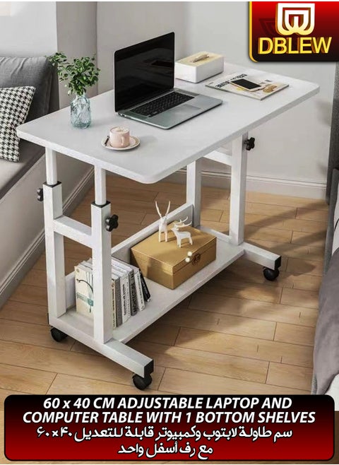Adjustable Laptop Desk Office Home Computer End Table For Bedroom Living Room Writing Study Gaming Bed Sofa Side Stand with Bottom Storage Shelf Rack Overbed Couch Snack Lazy Rolling Table 60x40cm