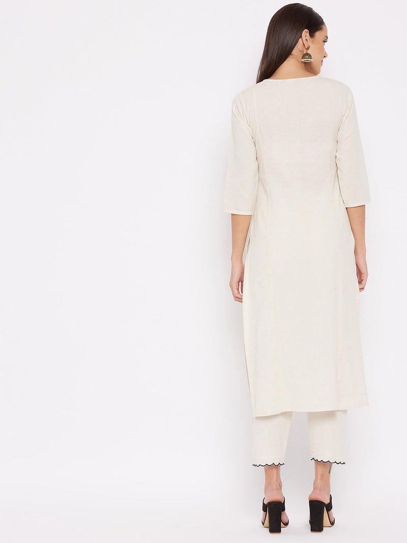 WineRed Women Off-White cotton Embroidered Kurta and Pant Set - Image 4