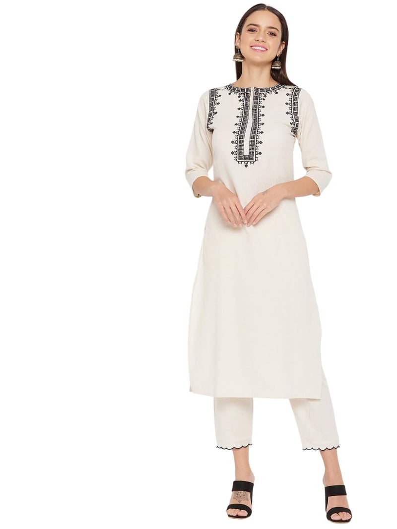 WineRed Women Off-White cotton Embroidered Kurta and Pant Set - Image 1