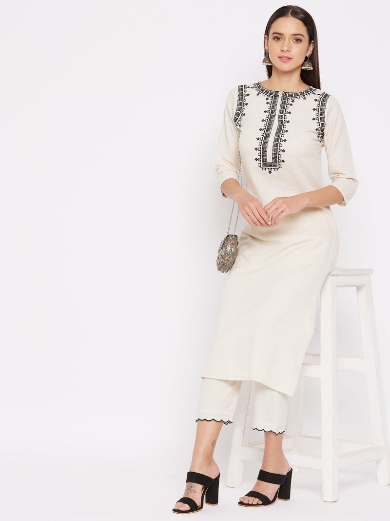 WineRed Women Off-White cotton Embroidered Kurta and Pant Set - Image 2