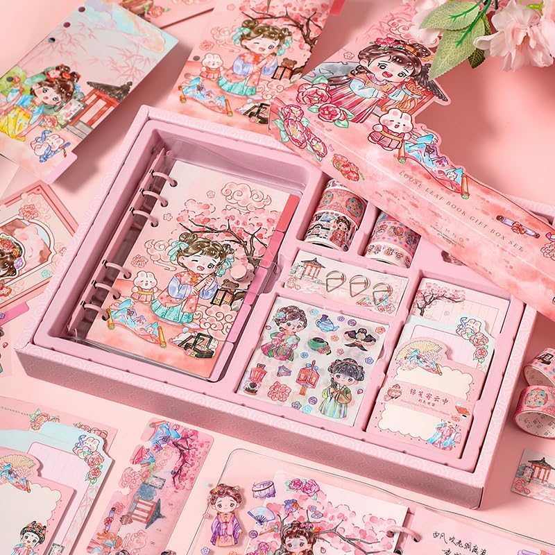 LeafLoom Scrapbook Kit Cute Theme Notebook Playful Stickers Perfect for DIY Journal Scrapbook DIY Craft Ideal for Craft Lovers AllinOne Crafting Experience Loose Leaf Pink