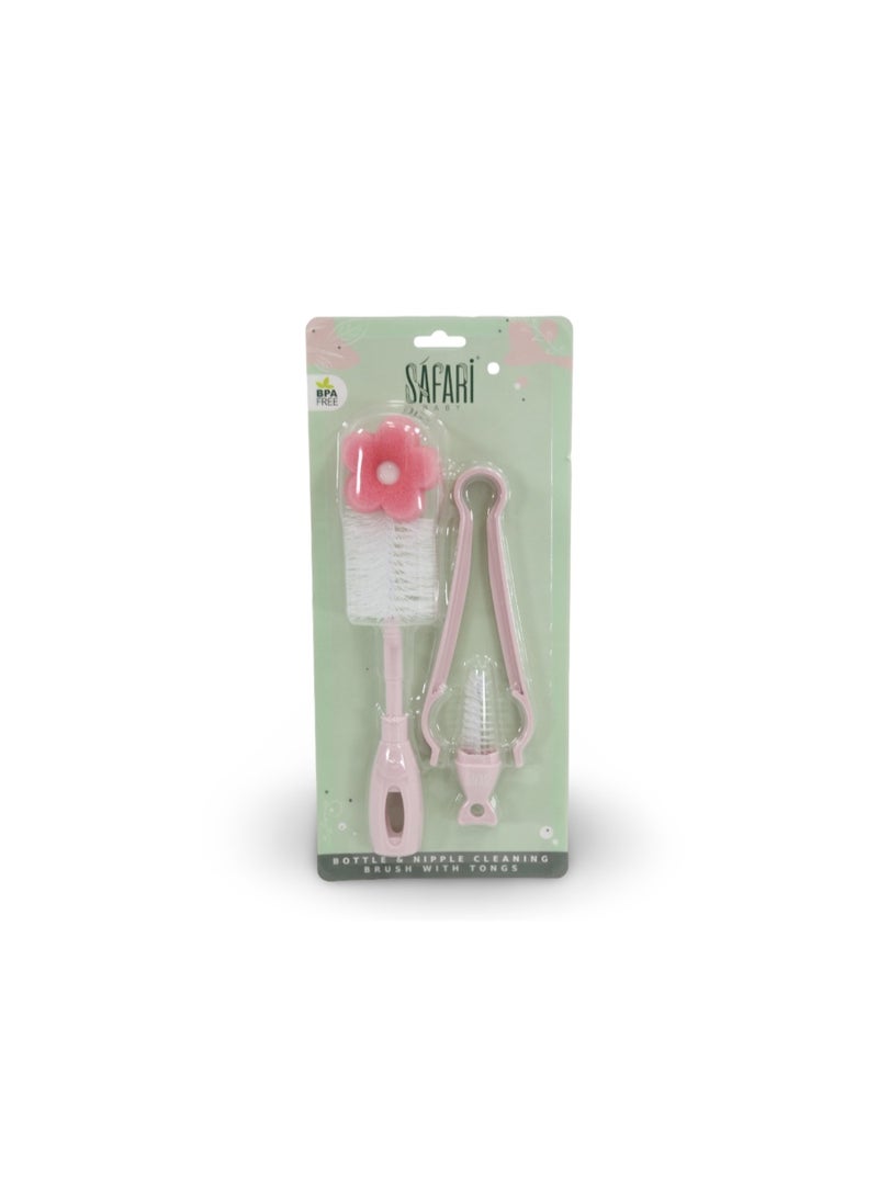 Safari Baby Bottle & Nipple Cleaning Brush Set with Tongs - Pink - Image 1