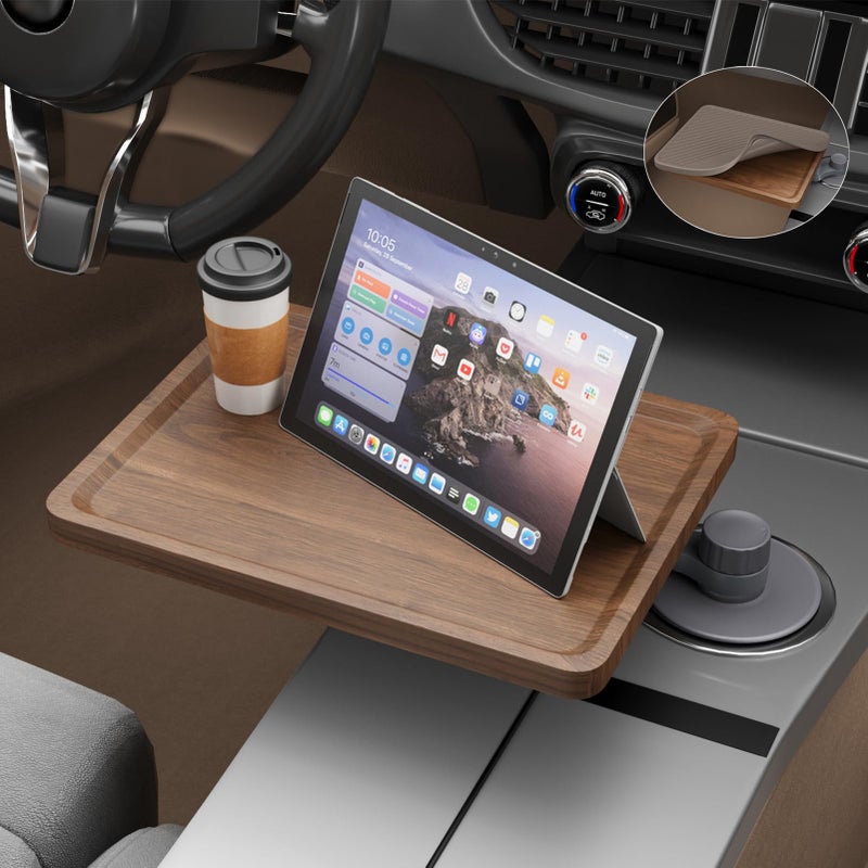 MTGSTOCL Car Tray & Car Desk for Laptop with Anti-Slip Protective Mat, 360Â° Rotating Wood Cup Holder Table, Eating Food, Working, Compatible with Tesla Model Y/3/S, Ford F150/Explorer/Maverick & Most Vehicles - Image 1