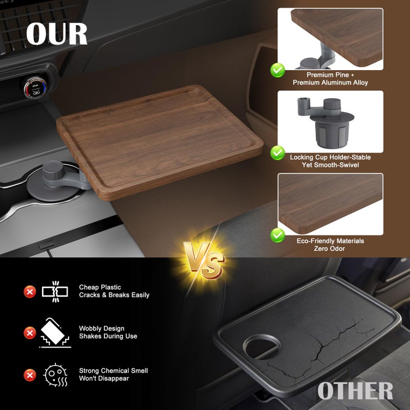 MTGSTOCL Car Tray & Car Desk for Laptop with Anti-Slip Protective Mat, 360Â° Rotating Wood Cup Holder Table, Eating Food, Working, Compatible with Tesla Model Y/3/S, Ford F150/Explorer/Maverick & Most Vehicles - Image 4