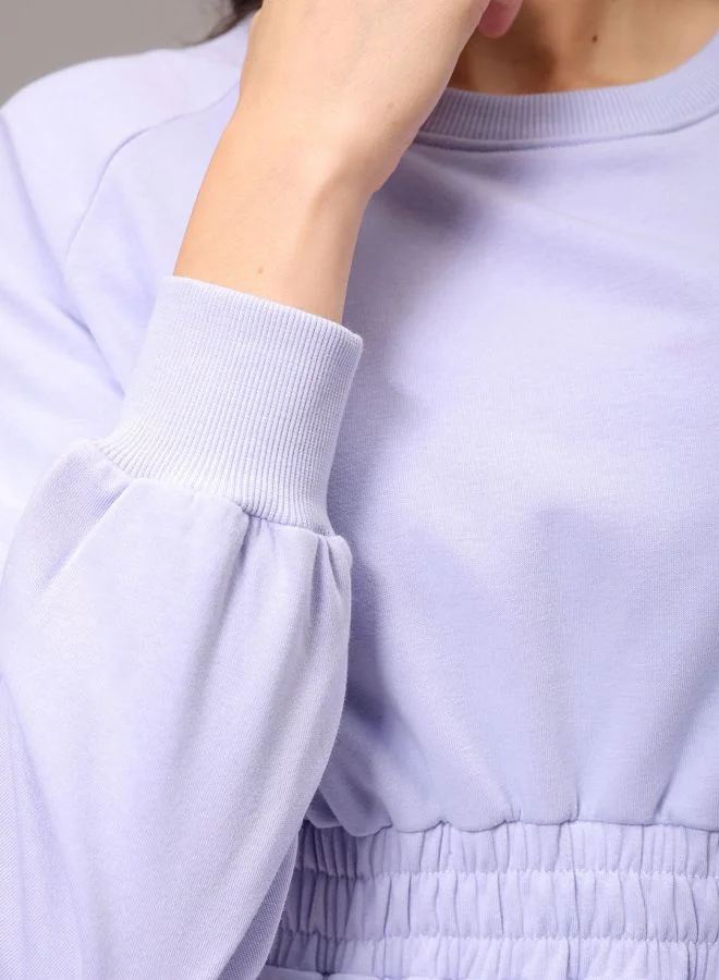 مرفوعة Women Fit and Flared Solid Shirred Sweatshirt