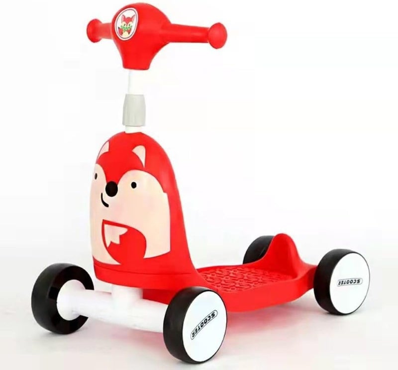 turtees Kids 2-in-1 Scooter with Seat, Cute Fox Design, 4-Wheel Ride-On Toy (Red) - Image 1