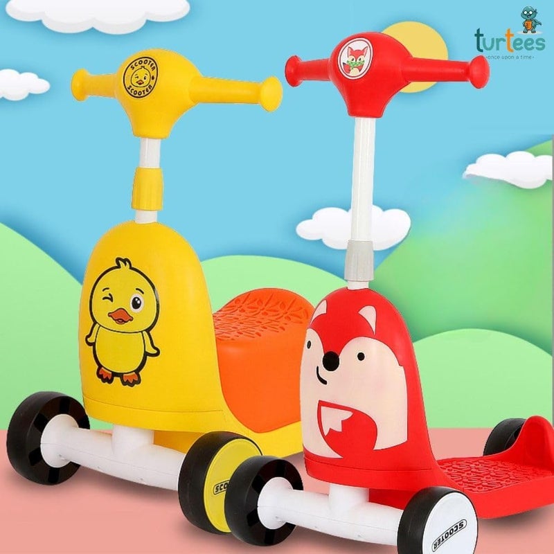 turtees Kids 2-in-1 Scooter with Seat, Cute Fox Design, 4-Wheel Ride-On Toy (Red) - Image 4