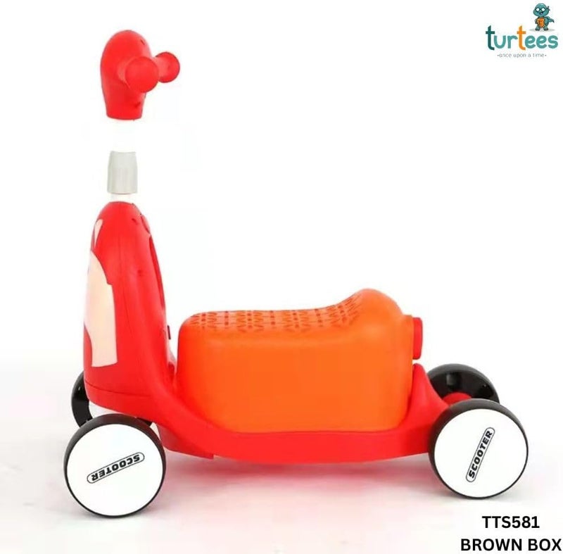 turtees Kids 2-in-1 Scooter with Seat, Cute Fox Design, 4-Wheel Ride-On Toy (Red) - Image 2