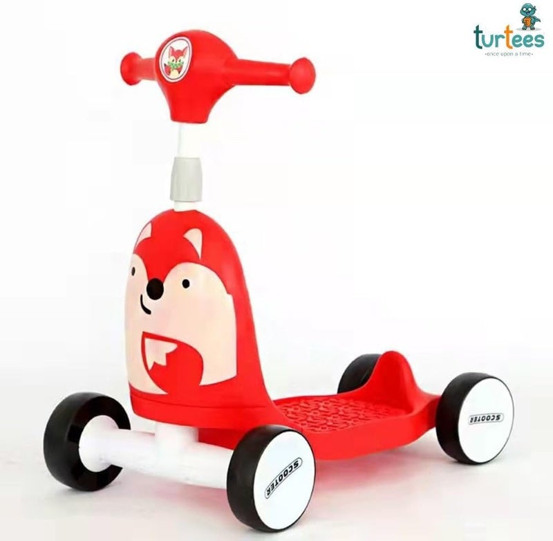 turtees Kids 2-in-1 Scooter with Seat, Cute Fox Design, 4-Wheel Ride-On Toy (Red) - Image 3