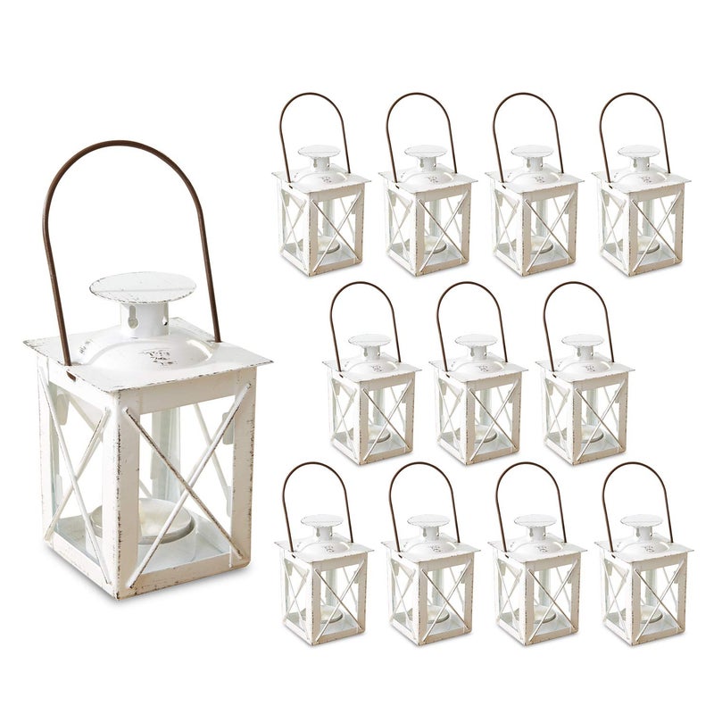 Kate Aspen Decorative Lanterns  Set of 12  Luminous Distressed Metal Lantern Candle Holders for Wedding Home Decor and Party  45 H 65 H with Handle  White