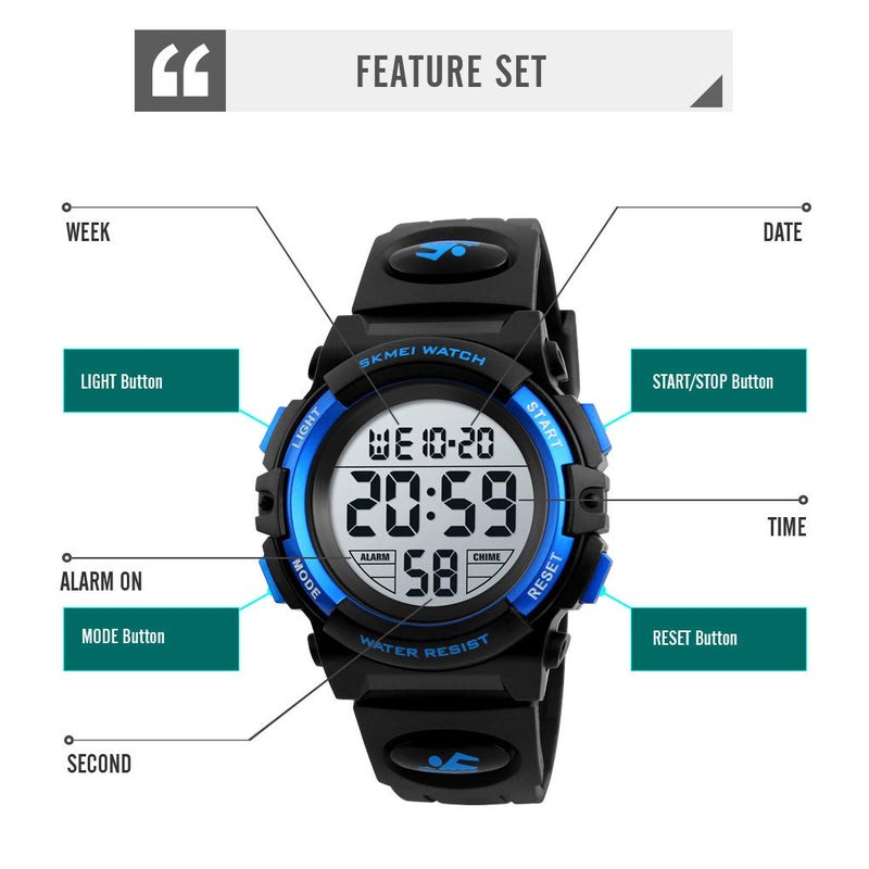 FIZILI Boys Watch Digital Sports Waterproof Outdoor Kids Watches Alarm Clock 12/24 H Stopwatch Calendar 3-15 Year Old Boys Girls Wristwatch - Blue - Image 2