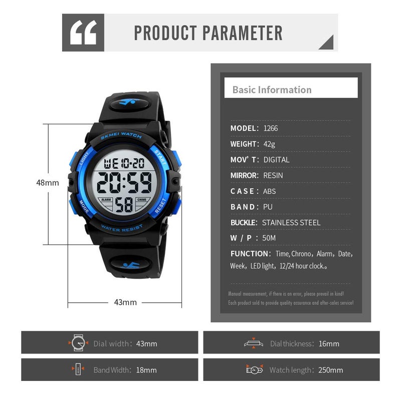 FIZILI Boys Watch Digital Sports Waterproof Outdoor Kids Watches Alarm Clock 12/24 H Stopwatch Calendar 3-15 Year Old Boys Girls Wristwatch - Blue - Image 3