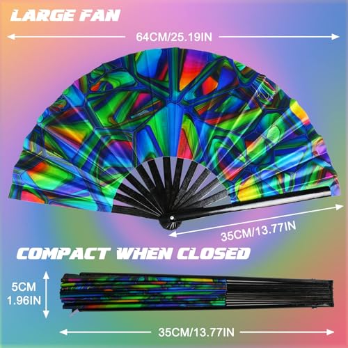 TAYUQEE Folding Hand Fan - 13 Inch Large Bamboo Hand Fan for Women and Men - UV Glow Handheld Rave Fan Chinese Fan for Music Festivals, Parades, Rave Party and Decorations - Image 2