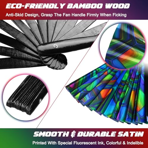 TAYUQEE Folding Hand Fan - 13 Inch Large Bamboo Hand Fan for Women and Men - UV Glow Handheld Rave Fan Chinese Fan for Music Festivals, Parades, Rave Party and Decorations - Image 4