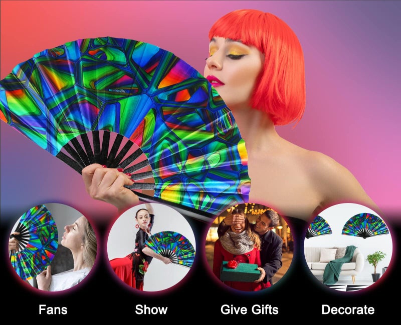 TAYUQEE Folding Hand Fan - 13 Inch Large Bamboo Hand Fan for Women and Men - UV Glow Handheld Rave Fan Chinese Fan for Music Festivals, Parades, Rave Party and Decorations - Image 3