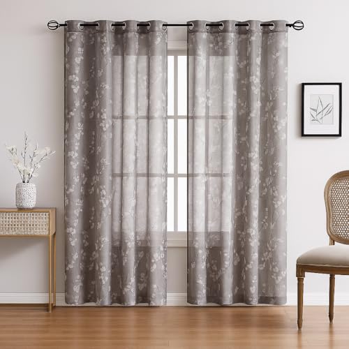 BFAM Sheer Curtain with Floral Print, Premium Printed Sheer Drapes, Eyelet/Grommet Curtain for Living Room, Bedroom, Light Filtering Curtains, Brown Floral 9 Feet, Pack of 1 Curtain - Image 1