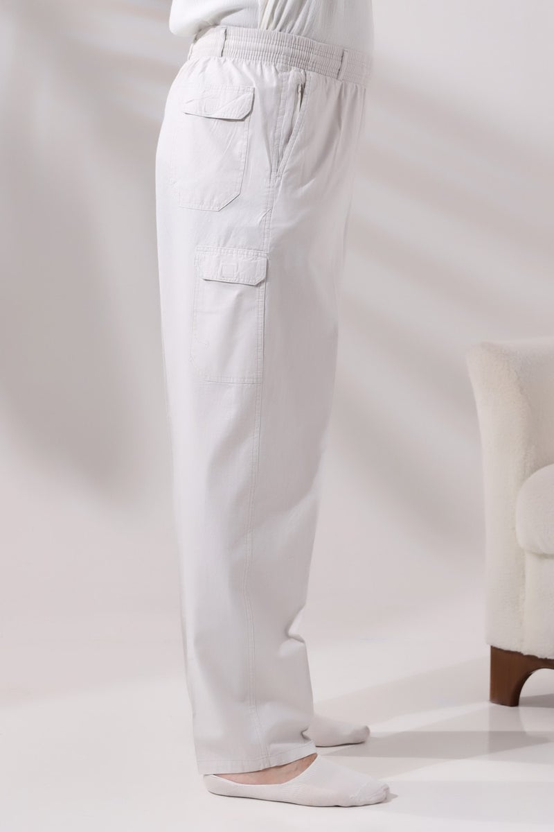 İhvan Online Men's Light Cream Side Pocket Comfortable Cut Elastic Waist Cargo Hajj and Umrah Shalwar Trousers  - Image 3