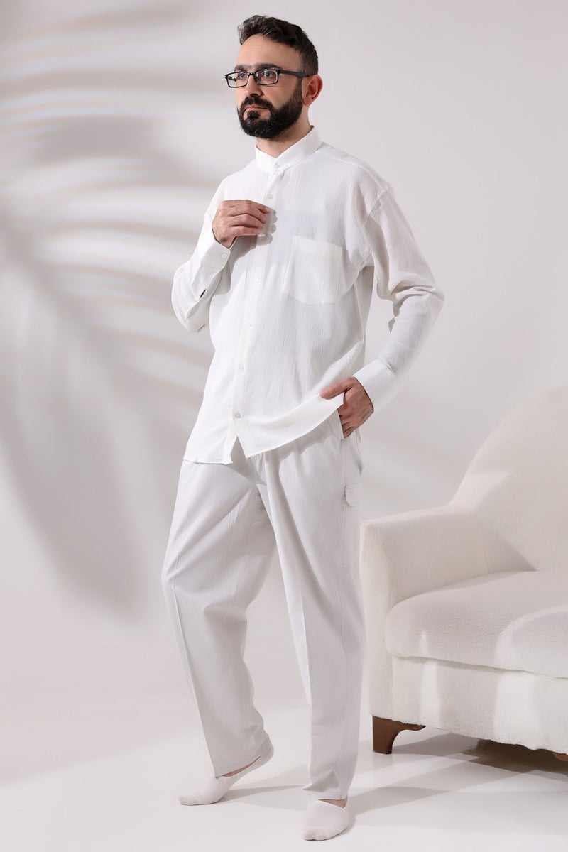 İhvan Online Men's Light Cream Side Pocket Comfortable Cut Elastic Waist Cargo Hajj and Umrah Shalwar Trousers  - Image 2