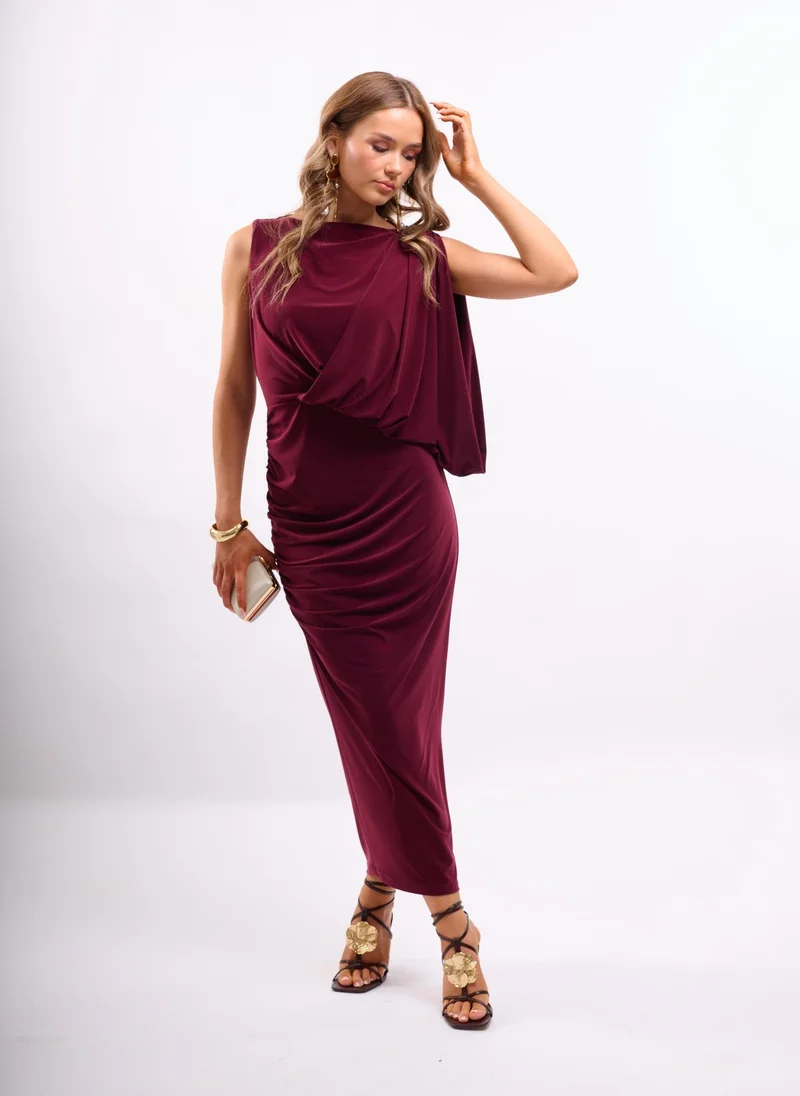 DRAPED & MANIPULATED MIDI DRESS IN BURGUNDY