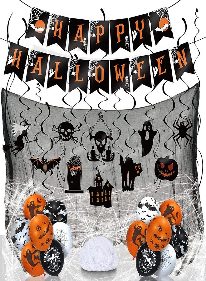 LINAYE Halloween Party Decorations Kit Indoor Outdoor | Halloween Hanging Swirl Decorations, Banner, Creepy Cloth, Balloons, Spider Web Hanging Decorations Decor Set Pack - Image 1