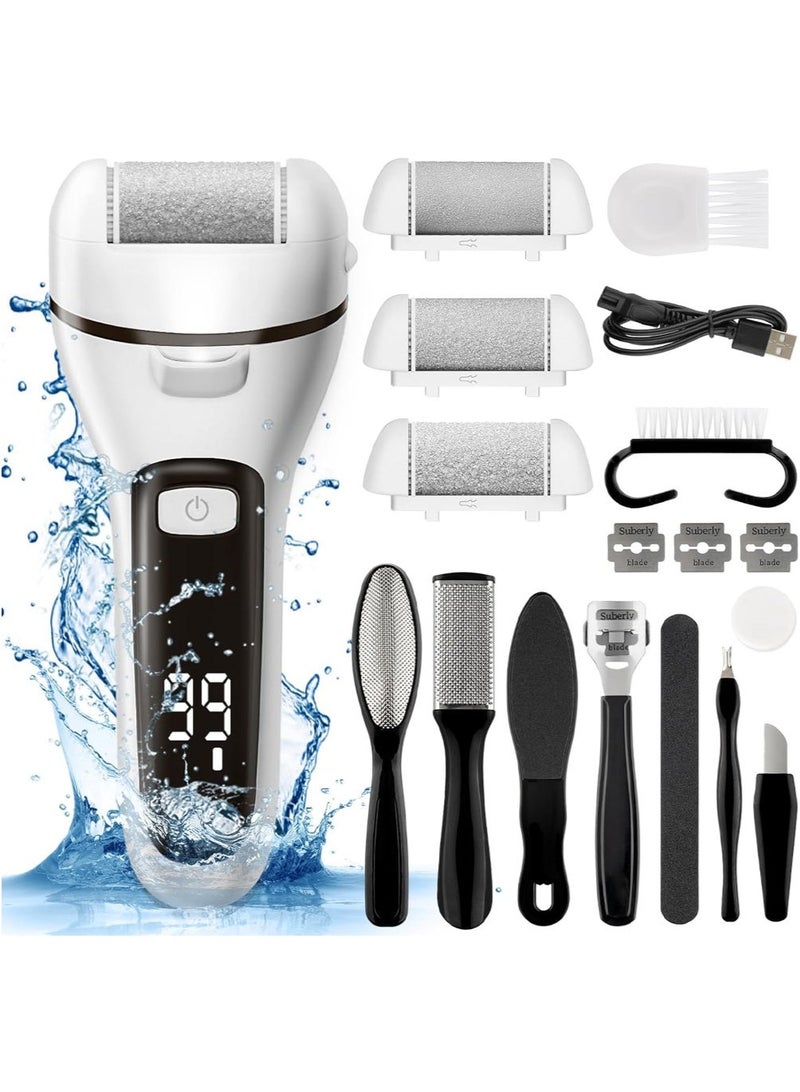 CAYGA Electric Callus Remover for Feet Waterproof Rechargeable 18 in 1 Professional Pedicure Kit Foot File Pedi Scrubber Foot Care Tools Wet & Dry for Hard Cracked Dry Dead Skin 3 Rollers 2 Speeds (White) - Image 1