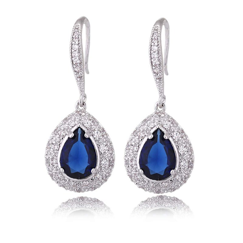 AMYJANE Sapphire Earrings for Women - Silver Bridal Teardrop Blue Crystal Cubic Zirconia Drop Earring for Wedding Party Prom Fashion Jewelry for Bride Bridesmaids September Birthstone Birthday Jewelry - Image 1