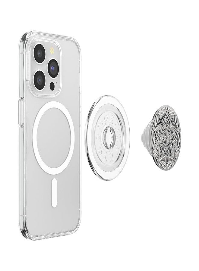 POPSOCKETS قبضة هاتف PopSockets لمغناطيس MagSafe مع قاعدة، قاعدة مغناطيسية، قمة قابلة للتبديل، تثبيت آمن لحالات iPhone MagSafe، قبضة للهاتف والتابلت - ماندالا فضية مطلية بالإنamel - Image 4