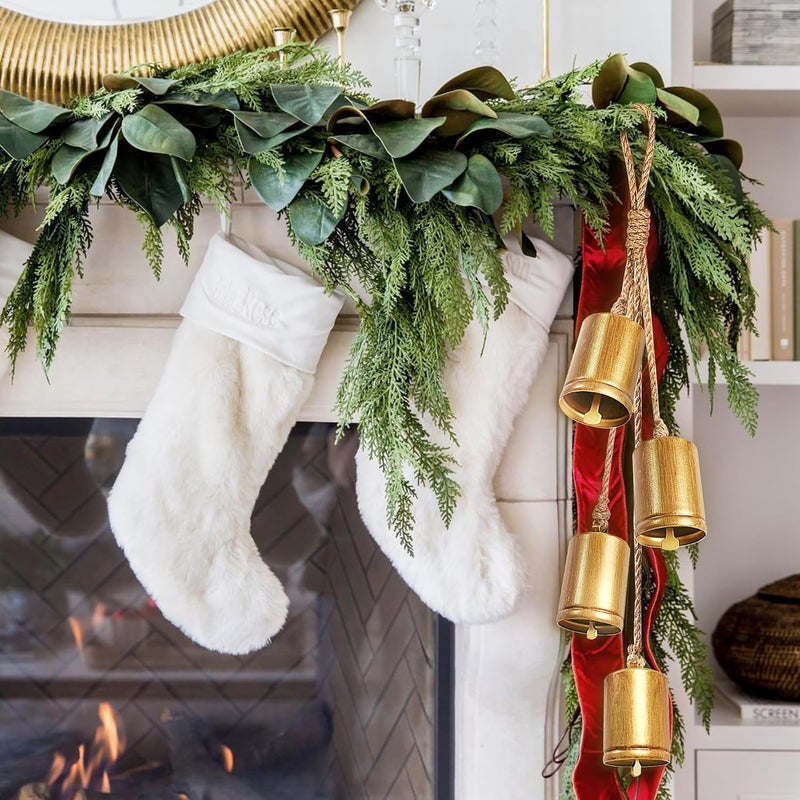 KPCB Tech Christmas Bells for Decoration, Hand Craft Brass Vintage Rustic Bell Set of 4, Hanging Gold Ornaments Shabby Chic Cow Bells Decor on Rope for Wreath, Indoor, Party, Home - Image 1